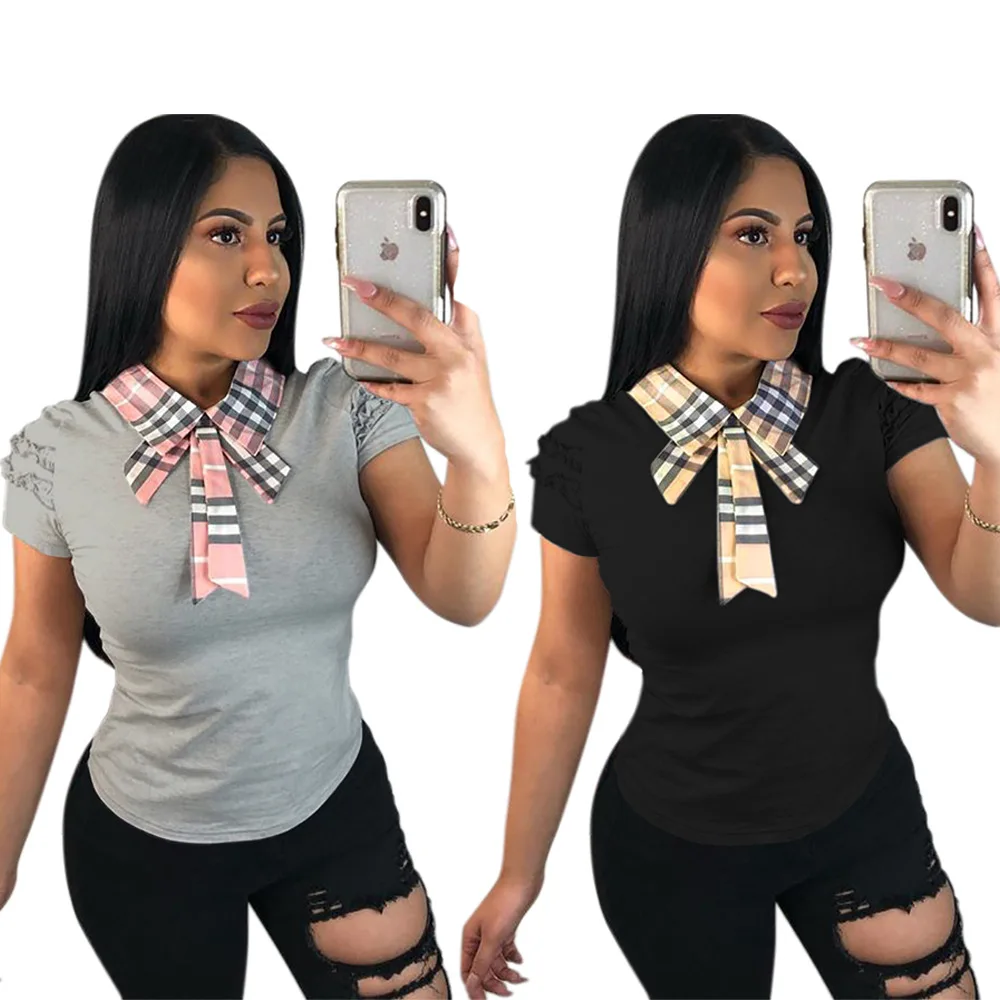 2019 Casual Turndown Collar Bow Short Sleeve Print Patchwork T-shirts