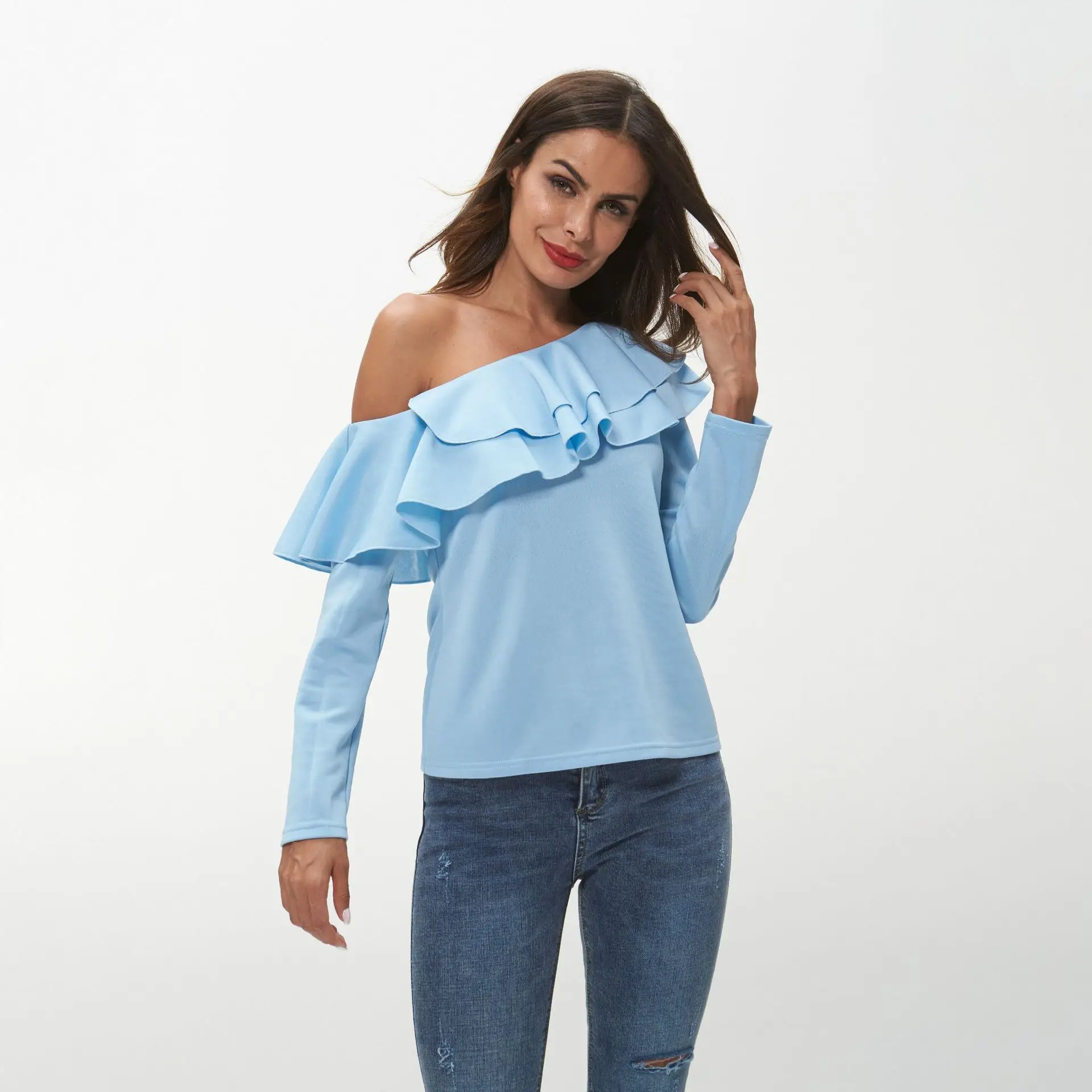 2019 Summer Female Sexy Long Sleeves Off Shoulder Ruffles Shirts Blue