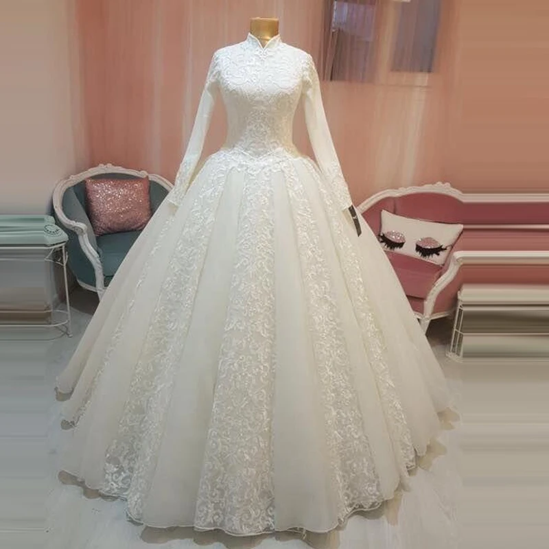 

Most Popular High Neck Luxury Muslim Real Photo Arabic Bridal Wedding Dresses, White/ivory