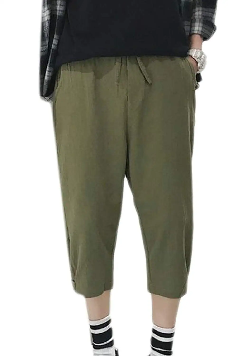 Cromoncent Mens Elastic Waist Trousers Casual Capri Harem Loose Pants