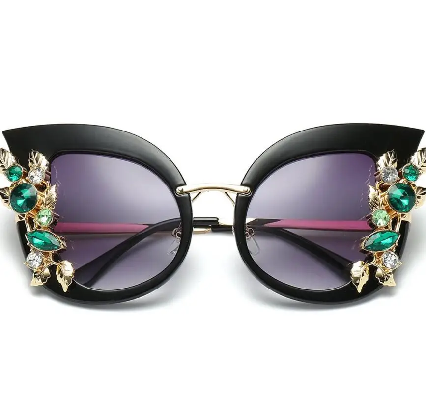 

Luxury Womens Oversized Cat Eye Rhinestones Sunglasses Flat Mirror Metal Frame Glasses
