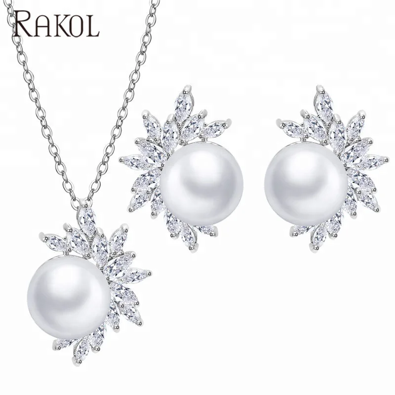 

RAKOL SP325 Simple Pearl Wedding Jewelry Set Flower Cubic Zirconia CZ Earrings Pendant Sets, As picture
