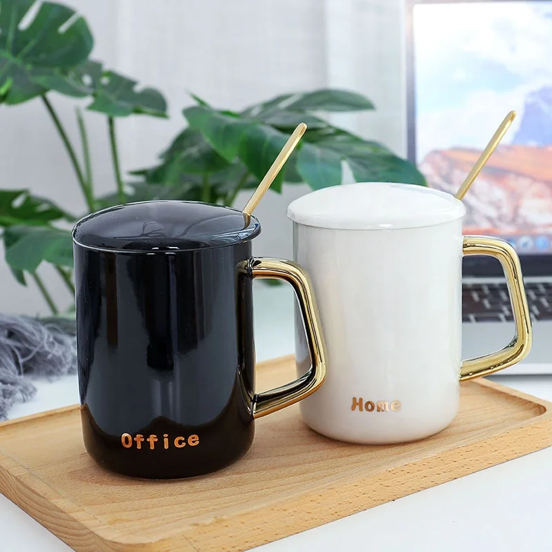 

Promotional 400ml Custom Black White Custom Logo Ceramic Mugs Gold Handle With Spoon, N/a