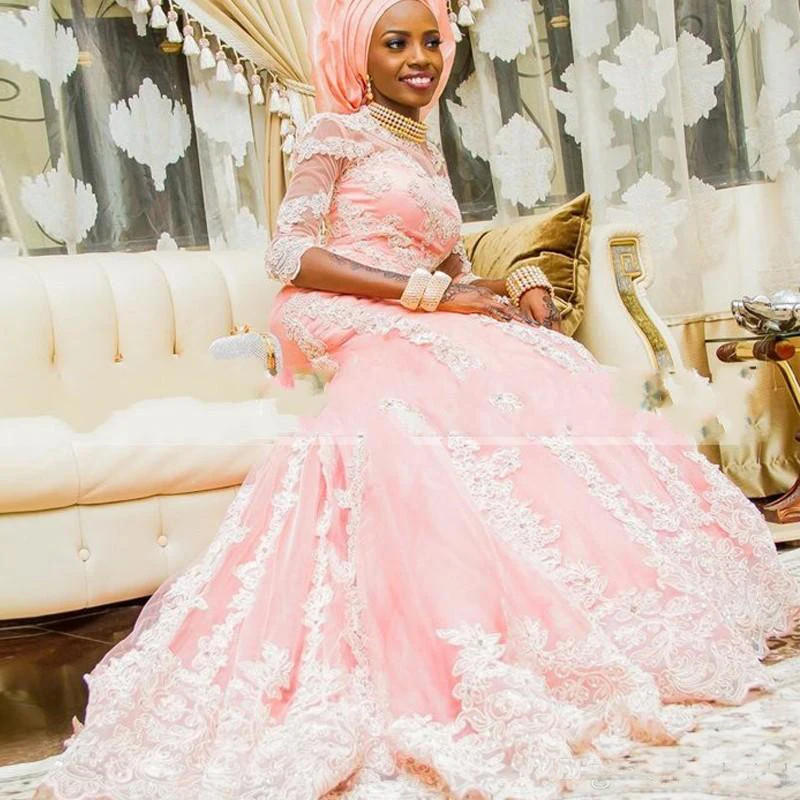 

NE291 African Style Muslim Mermaid Wedding Dresses with Half Sleeve Appliqued Nigerian Bridal Gown Covered Vestido de Novia, Default or custom