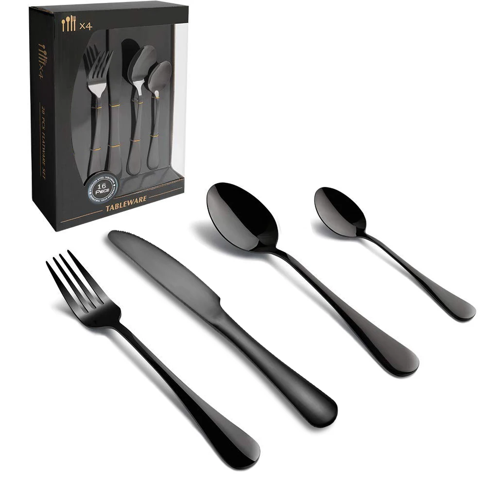 

Amazon Hot Sell Black Stainless Steel 16pcs Cutlery Set Service For 4