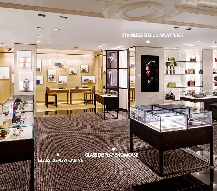 Luxury Tempered Glass Led Lighting Handbags Display Cabinet For