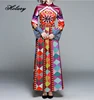 Ethnic Style Rainbow Printed Quality Dress Vertical Collar Long Sleeve Buttons Maxi Dresses Women
