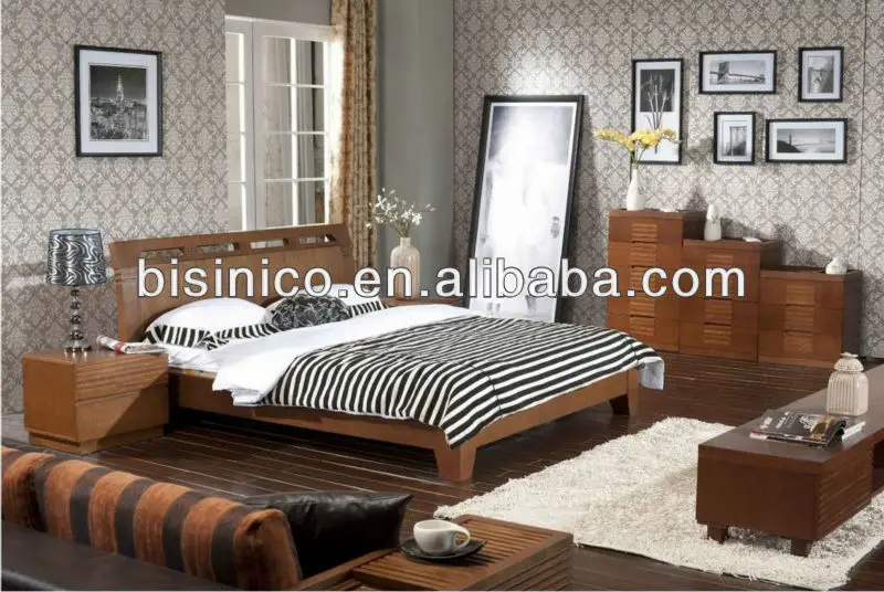 Contemporary Natural Wood Bedroom Furniture,Morden Solid Wood Frame Bed,Zebra-Stripe Design Upholstered Bed