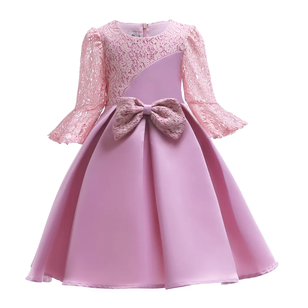 

Lace girls party dresses flare sleeve pink children girl wear, Pink color