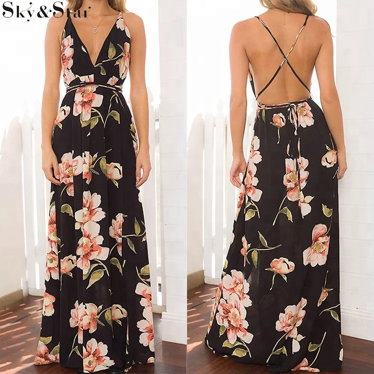 

Fashion women beach chiffon backless floral sexy maxi dress, Black or customized