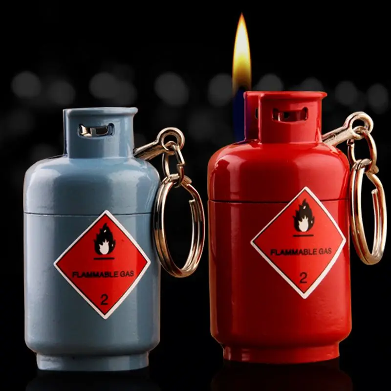 

017 New Unique Creative Mini Metal Gas-can Shape Bright Flame Inflatable Gas Lighter With Key chain Customized Wholesale, Red/blue