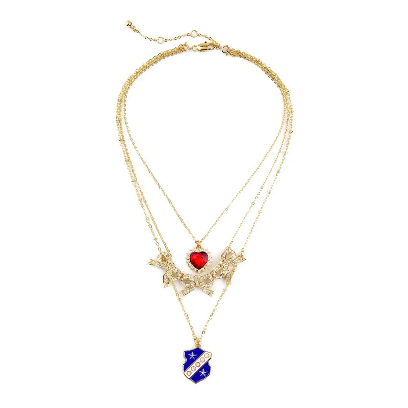 

xl01847 Crystal Bowknot Ruby Heart Pendant Layered Gold Necklace Women