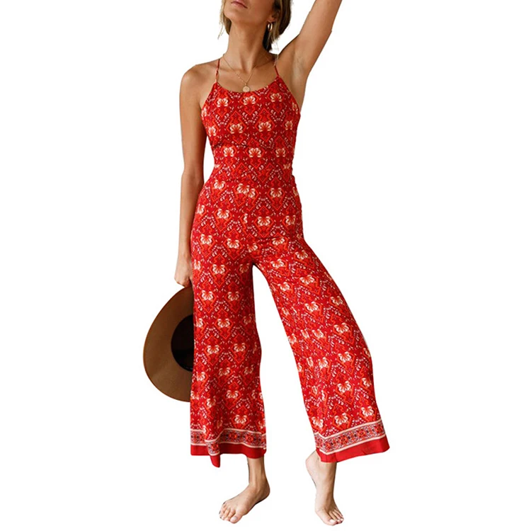 

Lover Beauty 2019 New Fashion Floral Print Backless Wide Leg Pants Woman Summer Boho Clothing Sexy Jumpsuit, As show