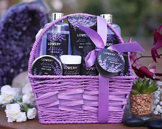 

Bath and Body Gift Basket Honey Lavender Home Spa Set with Essential Oil Diffuser, Soap Flowers, Salts and More Bath Gift Set, Single or multi-colored