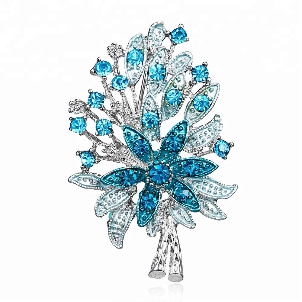 

Classic Fashion Silver Big Rhinestones Blue Flower Bouquets Pins Jewelry Brooches For Women, As picture