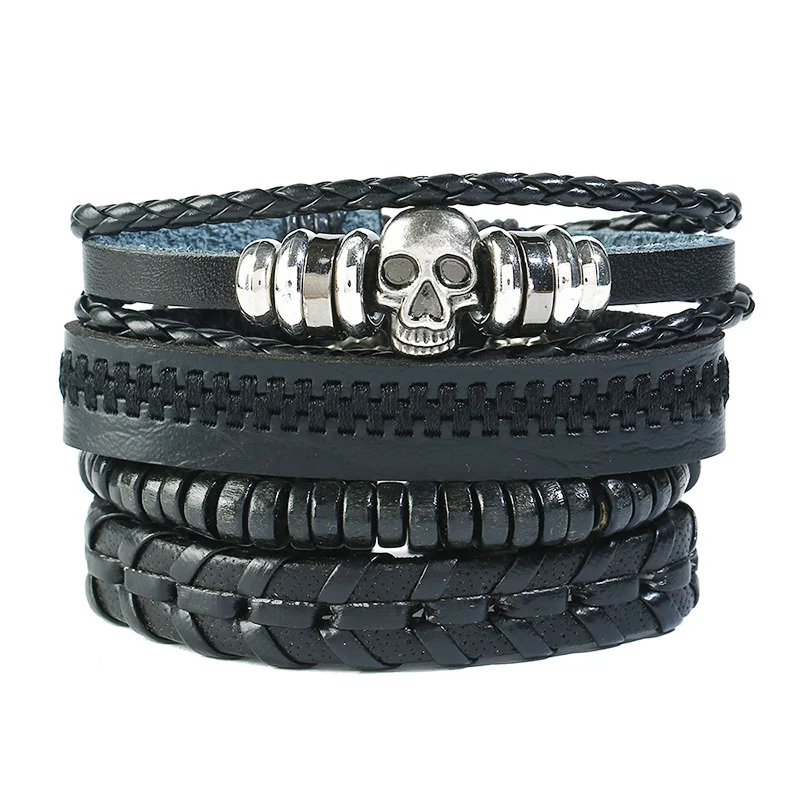 

Fashion Design Mens Braided Leather Bracelet Retro Multilayer Leather Skull Charm Bracelet, Black