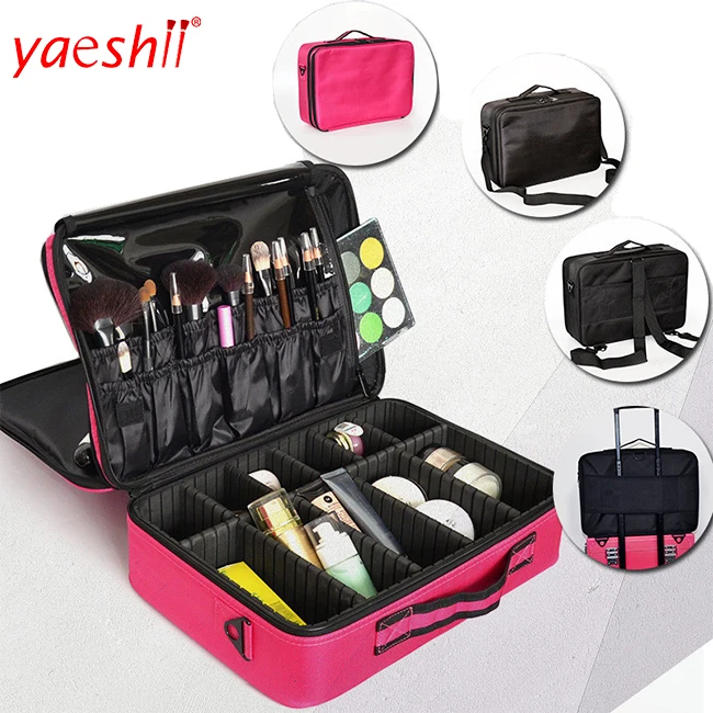 

Yaeshii Portable Makeup Train Case 3 Layer Cosmetic Travel Storage Organizer Bag with compartments, Rosy pink, black or oem
