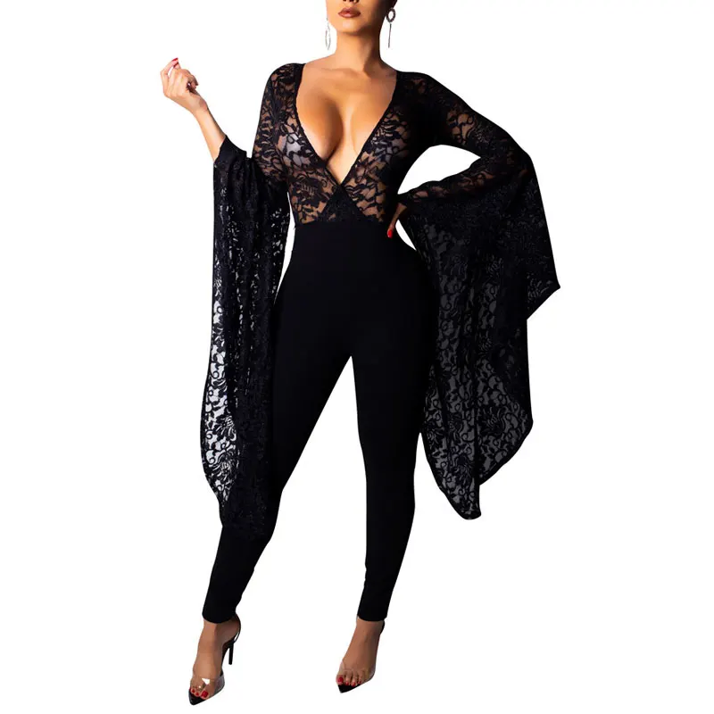 

81212-MX11 fashion jumpsuit 2019 sexy club wear flare lace sleeve design