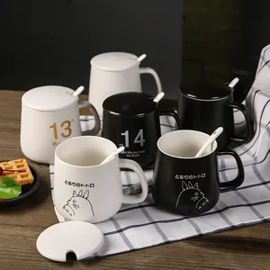 Image of Wholesale porcelain lovers cup 520 1314 creative black white couple coffee mug with lid spoon