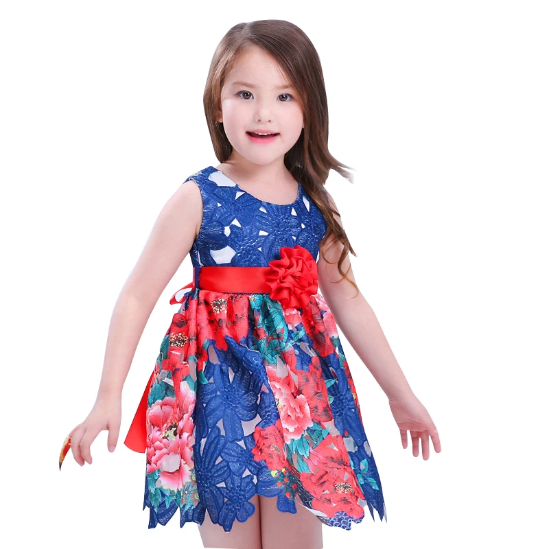 

2017 kids clothes girl fancy costume dress photos puffy girl party printed dress L559, Blue
