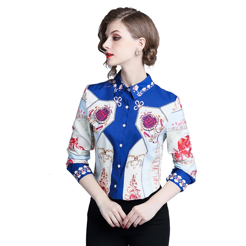 

Retro Pattern Print Autumn Women Fashion Autumn Casual Top Turn Down Collar Long Sleeve Button Shirt for Office Lady