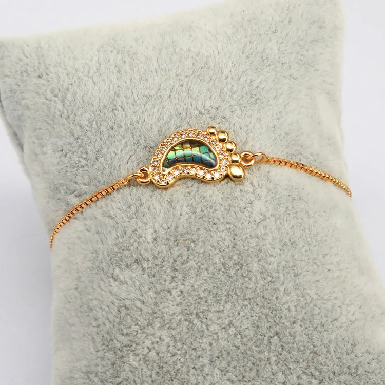 

BC1170 Diamond Pave Abalone Shell Footprint Charm Bracelet with Adjustable Chain, Micro Pave Footprint Charm Bolo Bracelet, Gold