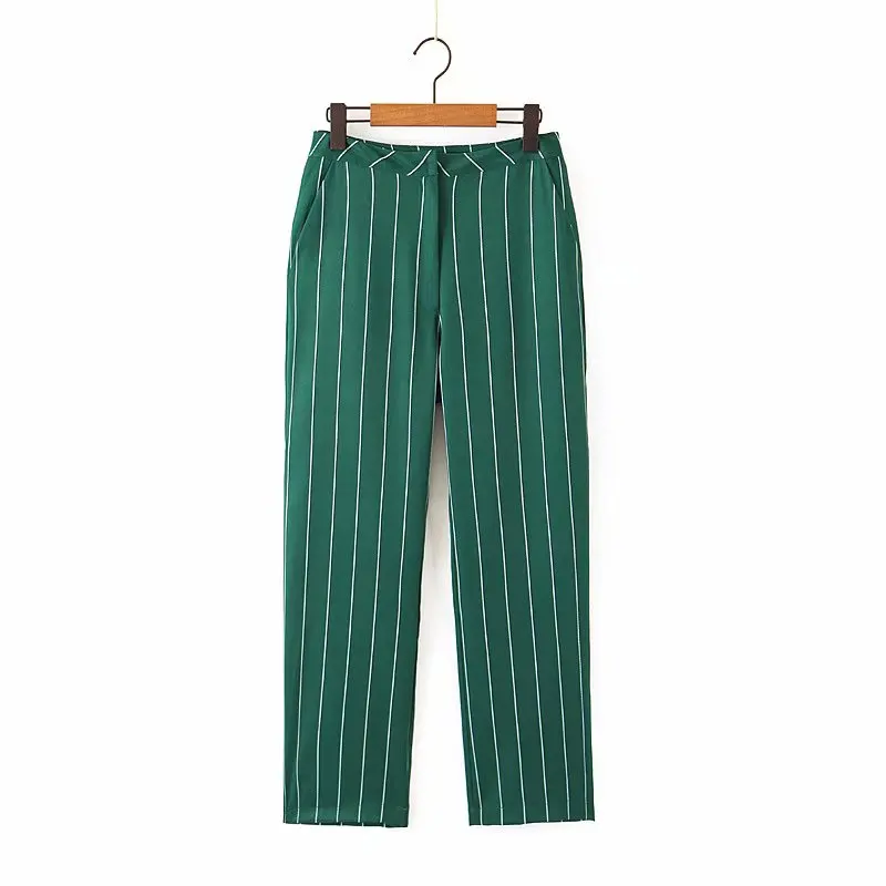 

Zipper fly green striped color office lady style women's pants work trouser