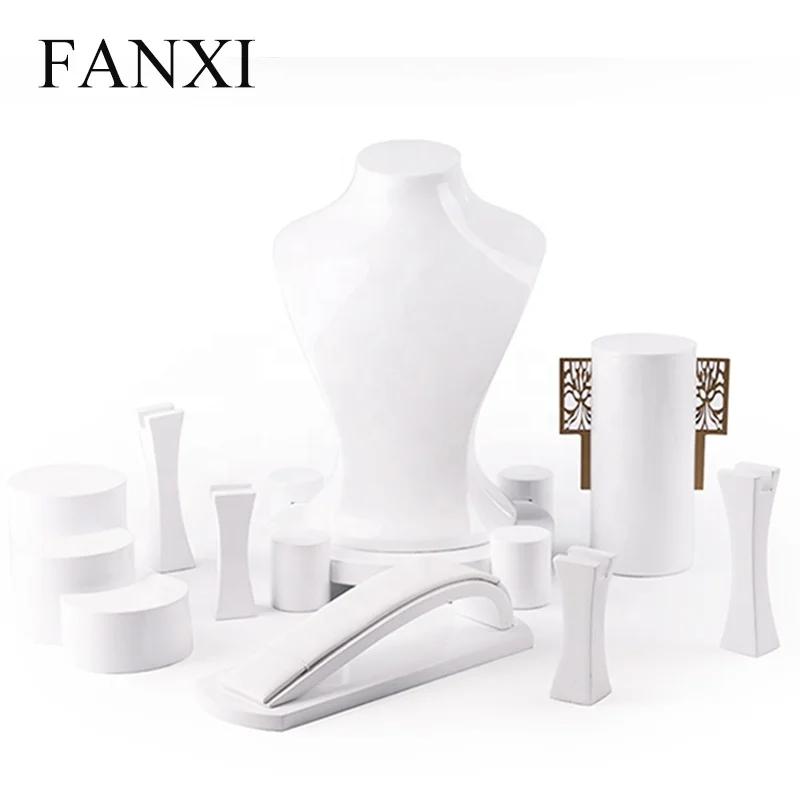 

FANXI Custom Necklace Bust Ring Earrings Jewellery Showcase Exhibitor Stand Props White Lacquer Resin Jewelry Display Set, White or customized color for resin necklace stand