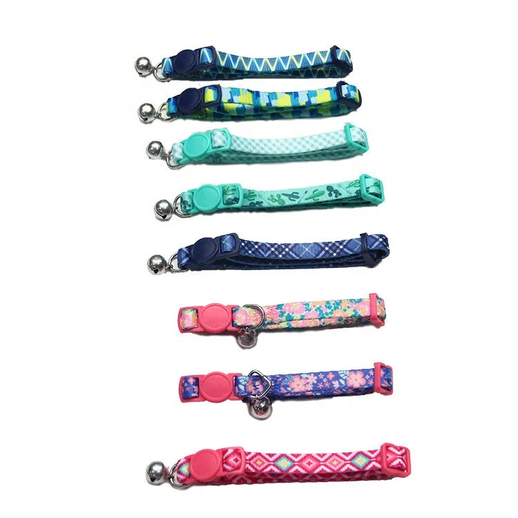 

Manufacturer direct sale cute print small puppy breakaway cat collars kitten collar with bells, Purple, blue , red , green