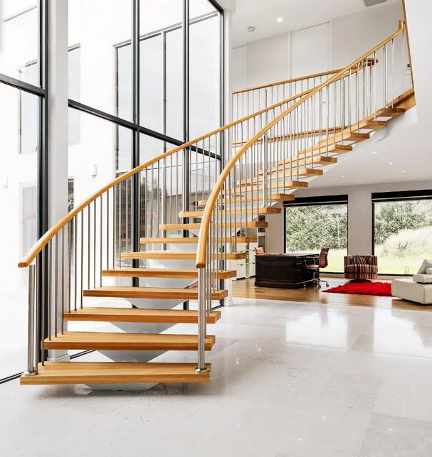 modern design curved wooden stringer stair with glass railing