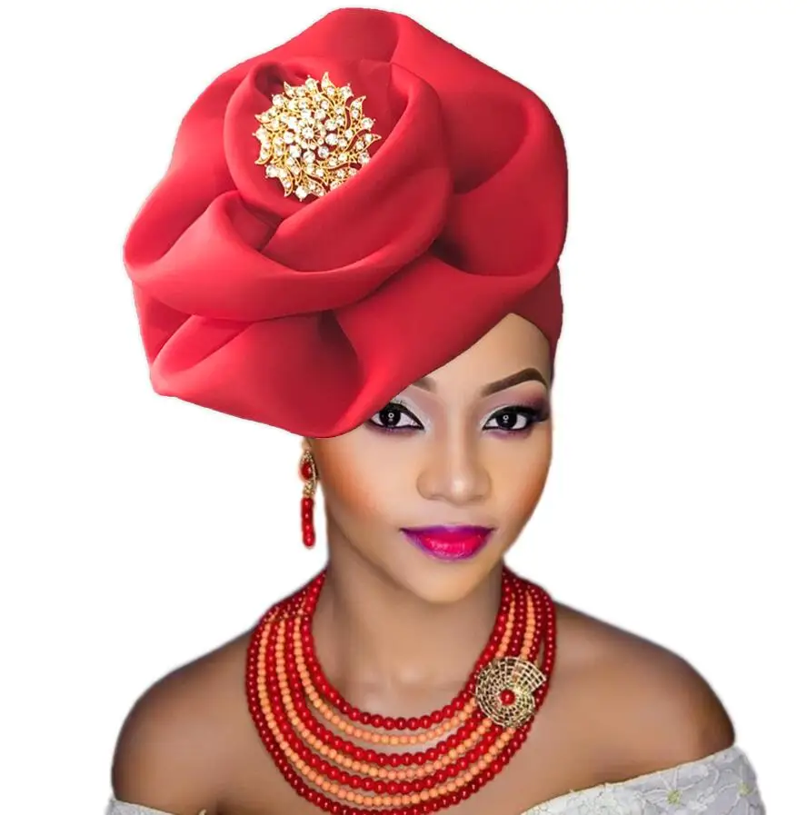 

Nigeria headtie turban headband with brooch flower party cap headwrap for lady, As picture