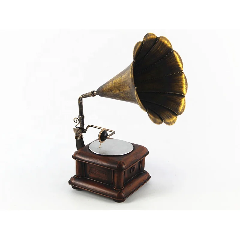 

Home decoration bronze color classic phonograph sculpture craft metal antique phonograph, As picture shown or customized