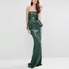 Western Wear Models Bandeau Peplum Green Sequin Long Dress