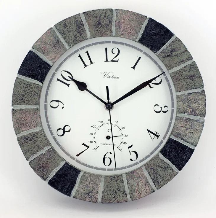 Faux Stone Round Retro Outdoor Wall Clock Includes A Thermometer And ...