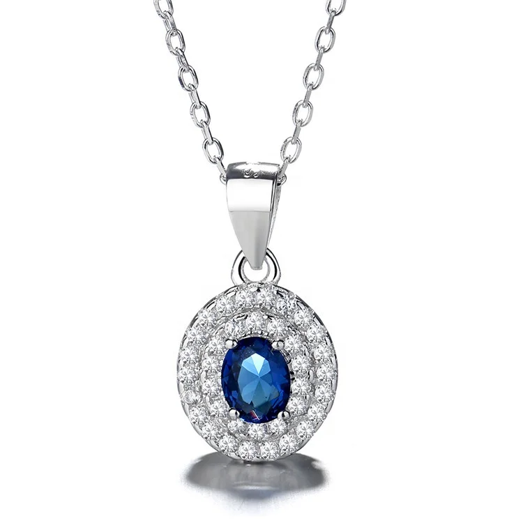 

Wholesale Woman Charm 925 Silver Korean Style Oval Sapphire Cz Pendant Necklace, As customer request