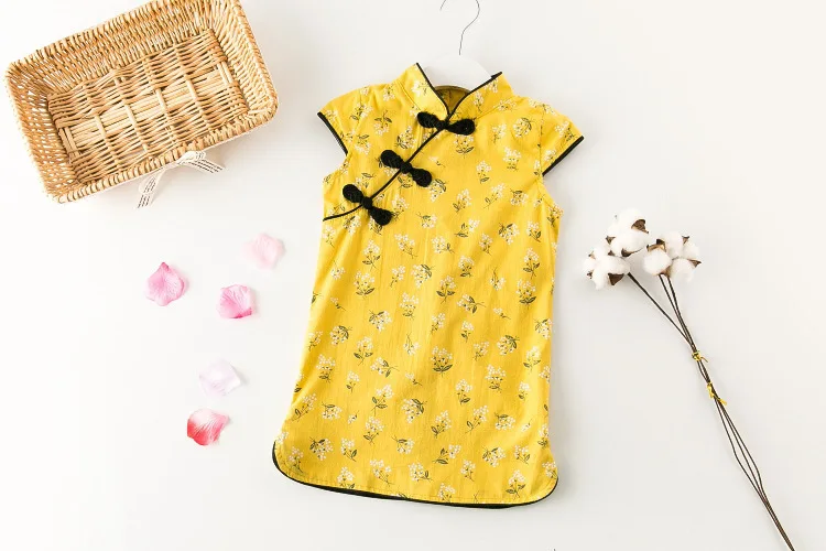
baby cheongsam summer children baby ethnic style flower girls clothing dress plate button Chinese dress qipao 