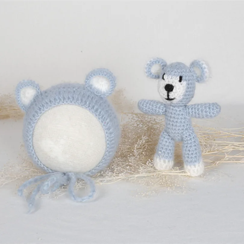 

Knitted Bear Hat Crochet Animal Bonnet Newborn Photography Hat Set Newborn Toys Mini Stuffed Teddy Baby Photo Toy Props