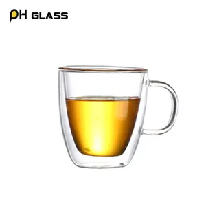 Image of 6.5/13.5/16oz handmade customizable borosilicate clear double wall glass coffee cup with handle