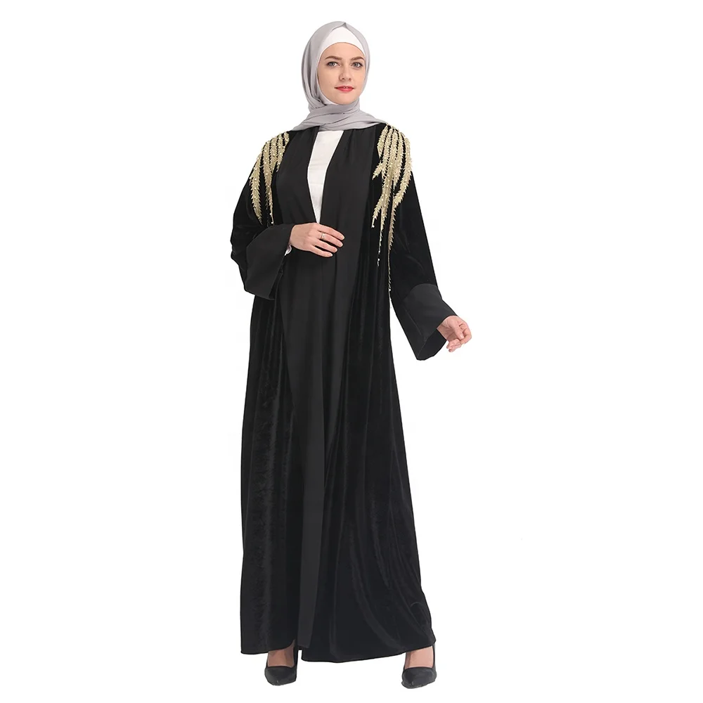 

Fashion velvet women open abaya maxi dress modest lace pearl abaya muslim cardigan, Wine red,blue,black