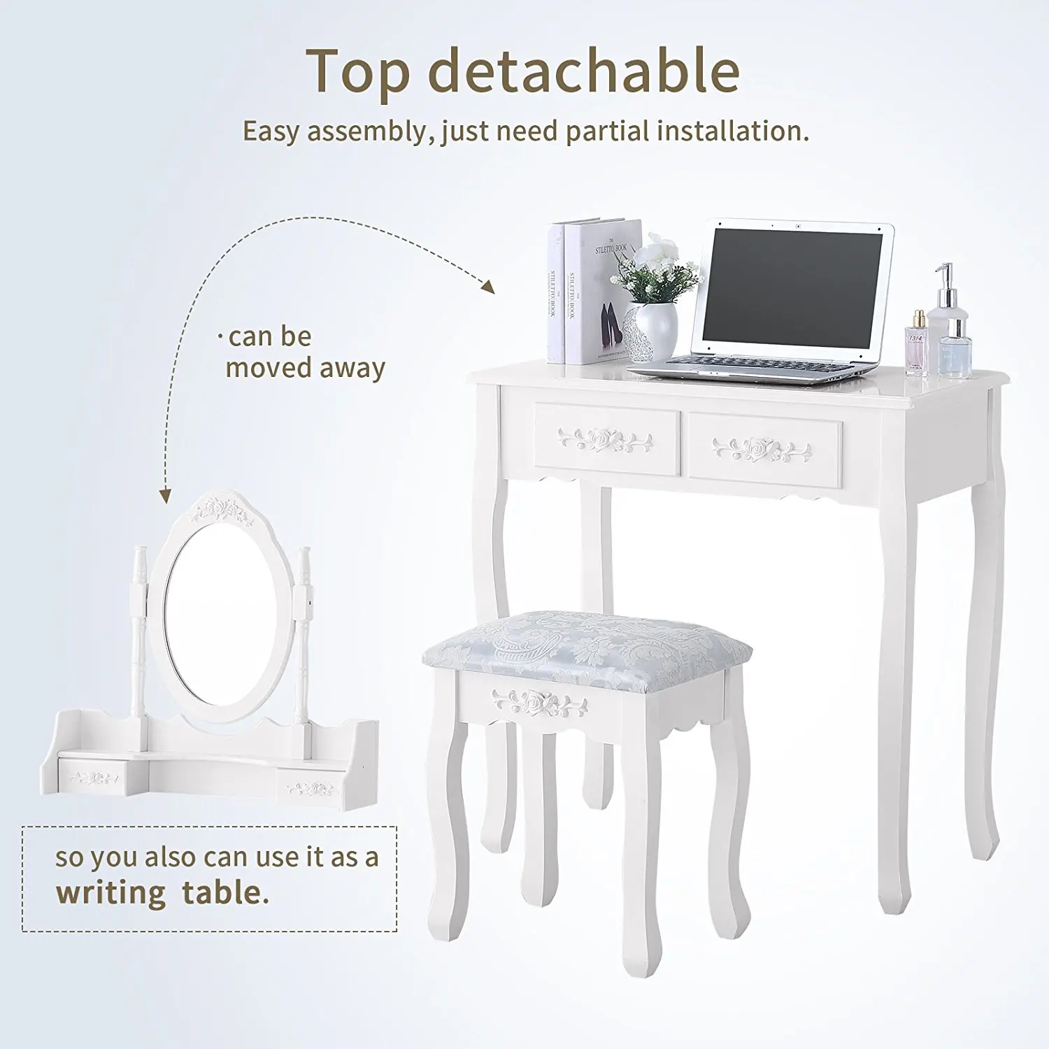 Luxury White Dressing Table With Mirror And Stool Vanity Table Set