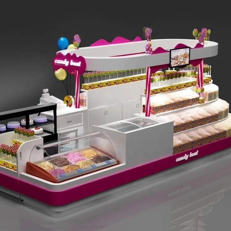 

Shopping Mall Candy Boat Kiosk Sweet Candy Store Furniture Showcsae Counter Kiosk With 3D Max Design, Customized color