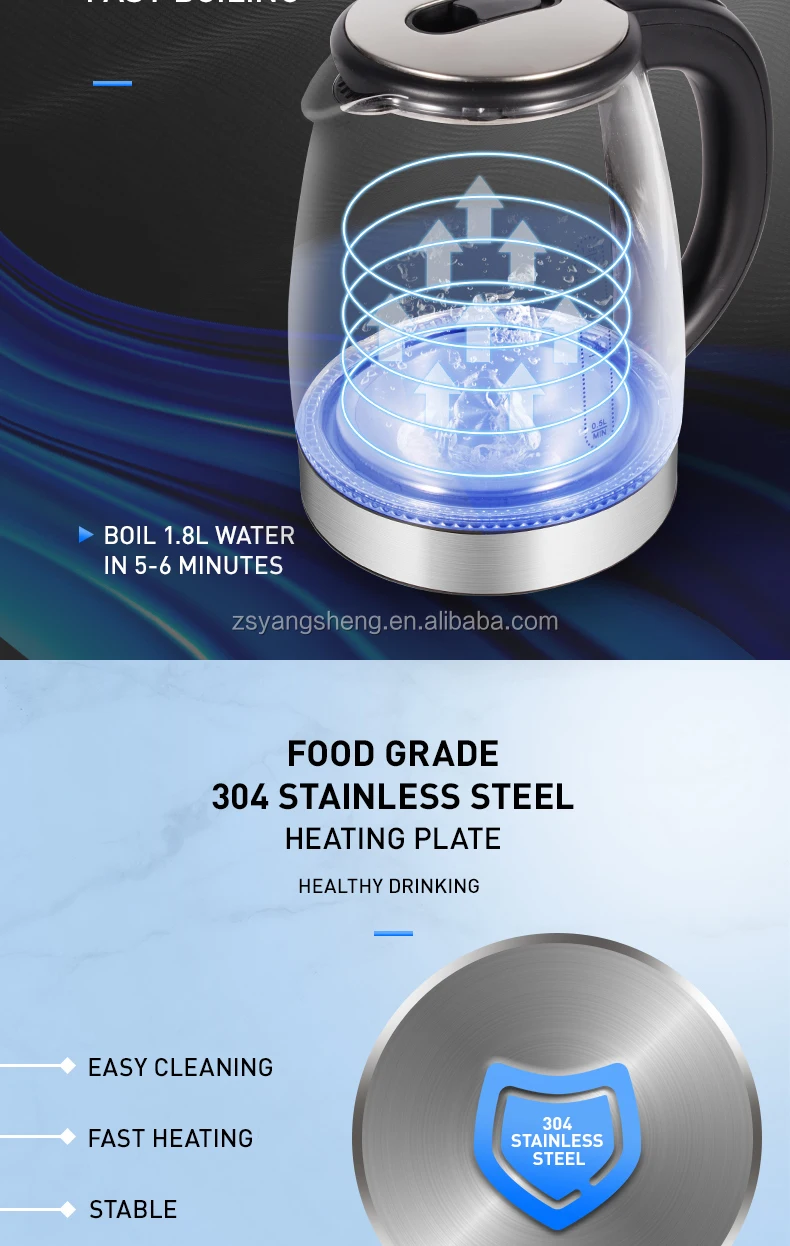 Free Sample Manufacture New Blue Light 110V 1.8L Big Smart Electronic Glass Stainless Steel Tea Water Electric Kettle