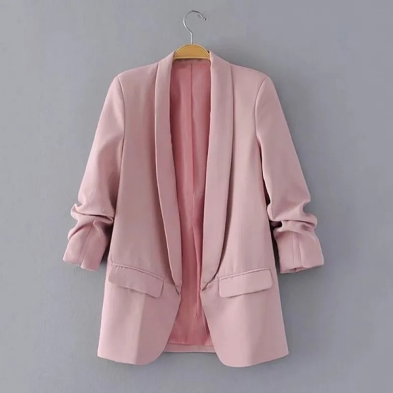 

Women Spring Blazer Pink Green Three Quarter Sleeve Casual Korean Style Jacket Elegant Office Ladies Business Blazer Y10611