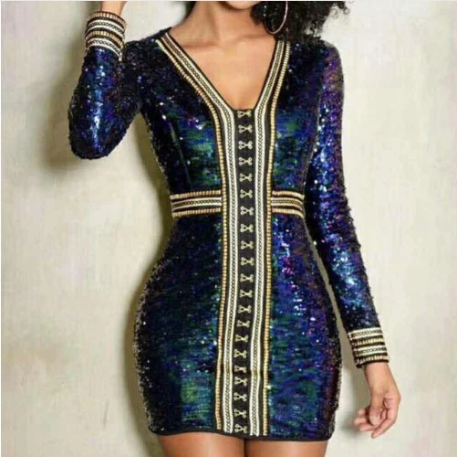 

2018 wholesale fashion sequin party blue V neck long sleeve dress bodycon dress, Color custom