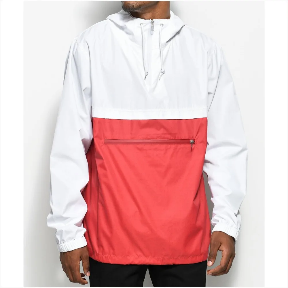 

Fashion New design Light Foldable Front Pocket Half Zip Custom Windbreaker Men, Red and white;as you need