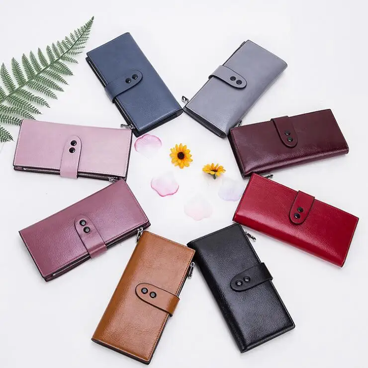 

2020 Nwe latest lady long wallet wax leather cute hand wallets for women credit card wallet, 8 colors