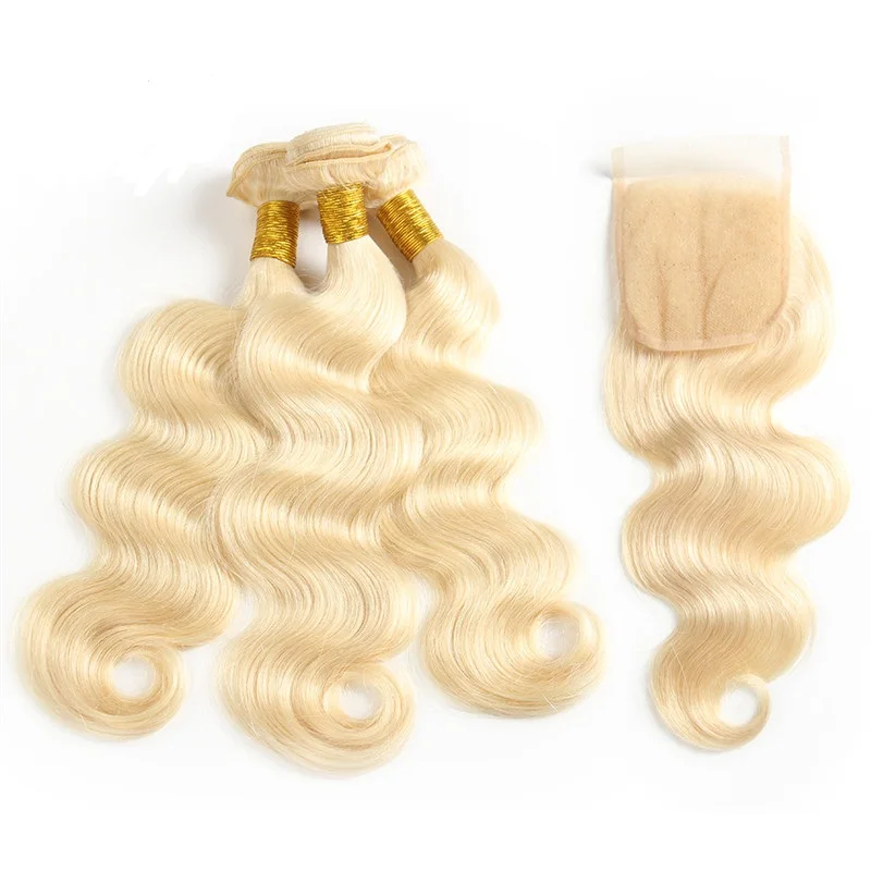 Factory Wholesale Cuticle Aligned Russian Blonde 613 Virgin Human Hair Bundles With Closure 4x4 Free Part Free Shipping
