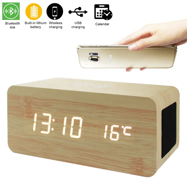 

2019 Fancy 3 in 1 Multifunction High-Tech Smart Electronic Digital Bluetooth Speaker Wireless Charger Wooden LED Clock