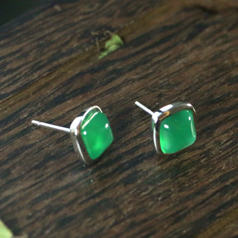 8.5mm Square Stud Earrings Real S925 Sterling Silver Green Chalcedony