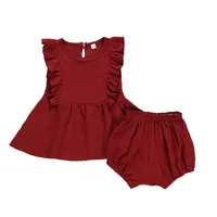

2 pcs plain color baby girl linen dress with bloomer